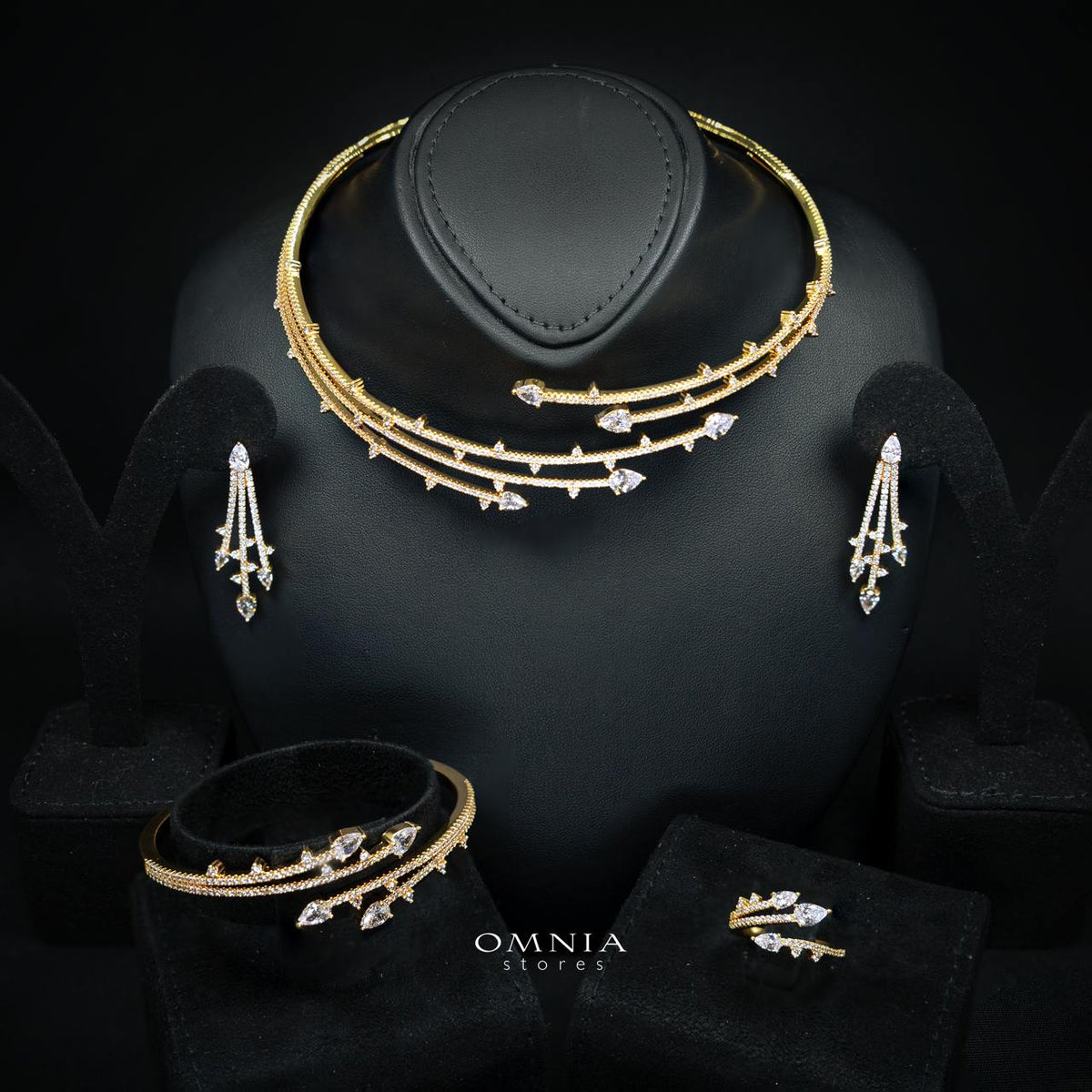Yuliana Gold Bridal Full Set with High-Quality Premium Zircon Stones, Rhodium-Plated