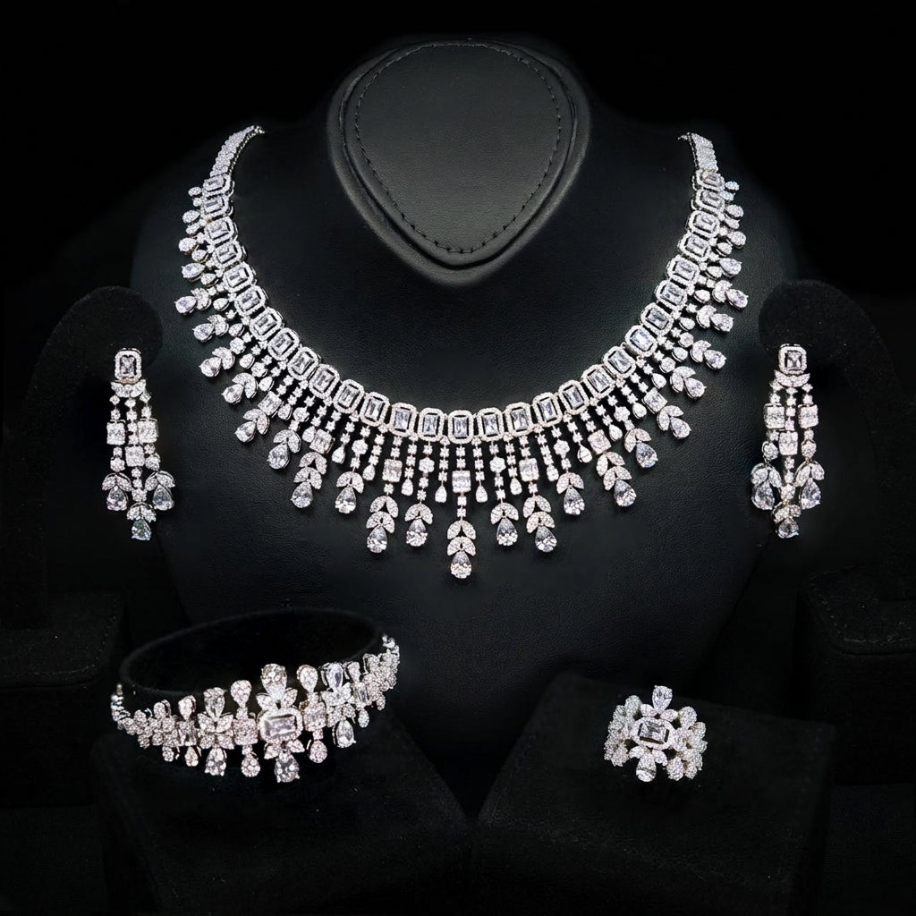 Omnia Arabella White Bridal Full Set Accessories in High Quality Premium Zircon Stone in Rhodium Plated