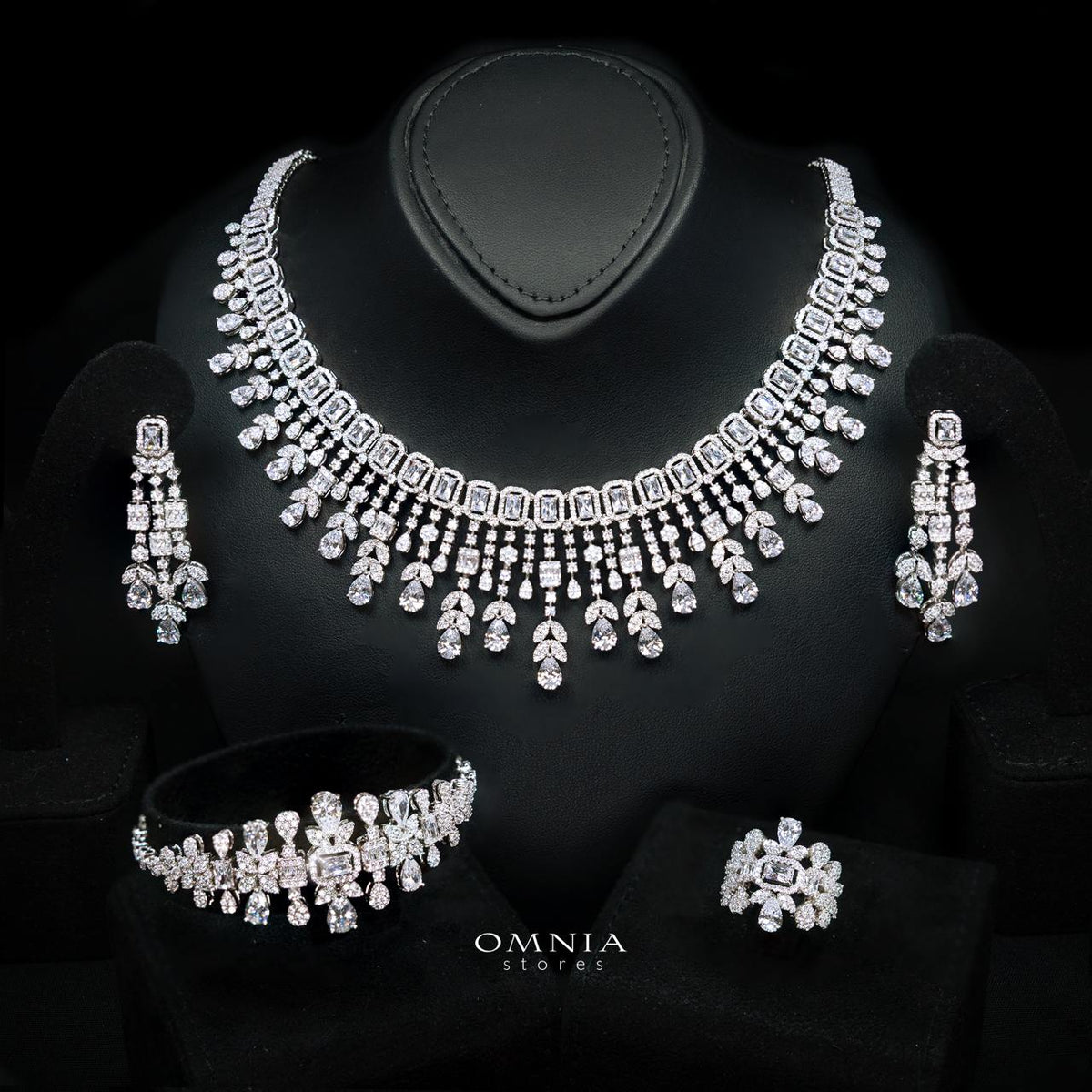 Arabella White Bridal Full Set Accessories in High Quality Premium Zircon Stone in Rhodium Plated