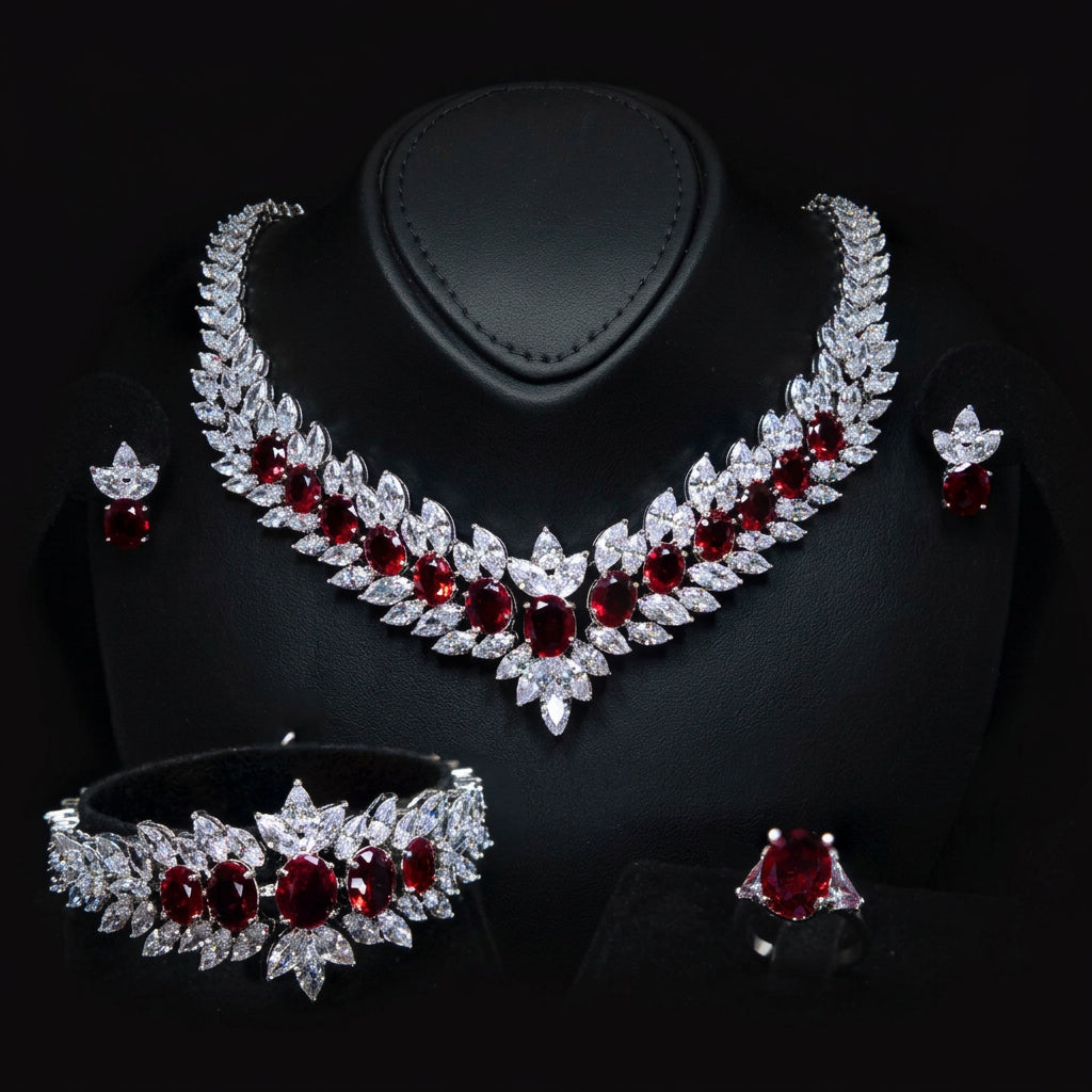 Omnia Buthaina Red Bridal Full Set High Quality Simulated Diamonds Premium Rhodium Plated - OMNIASTORES UAE