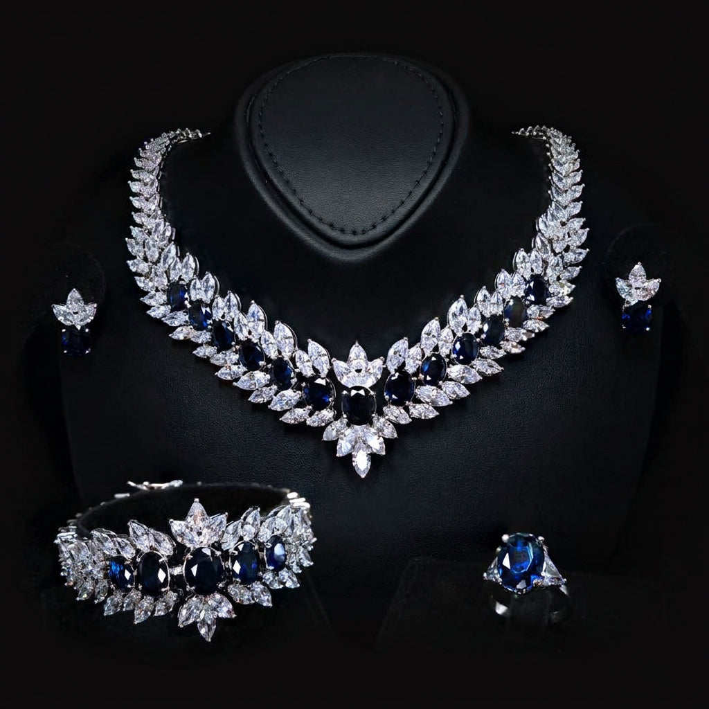Omnia Buthaina Blue Bridal Full Set High Quality Simulated Diamonds Premium Rhodium Plated