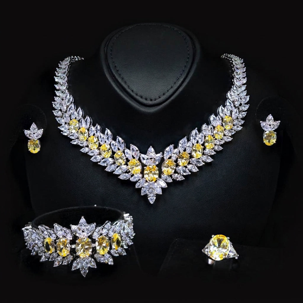 Omnia Buthaina Yellow Bridal Full Set in High Quality Simulated Diamonds Premium Rhodium Plated - OMNIASTORES UAE