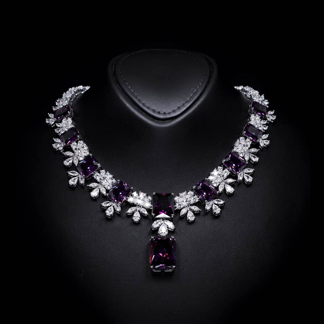 Omnia Charlene Purple Bridal Full Set with Radiant and Pear-Cut High Quality Simulated Diamonds Premium Rhodium Plated