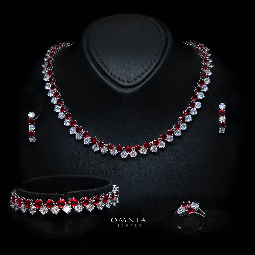 Omnia Hessa Red and White Luxury Bridal Full Set in High Quality Simulated Diamonds
