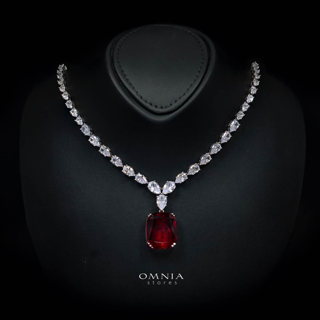 Omnia Audrey Red Bridal Full Set in High Quality Simulated Diamonds with Cushion Cut Stones, Rhodium Plated