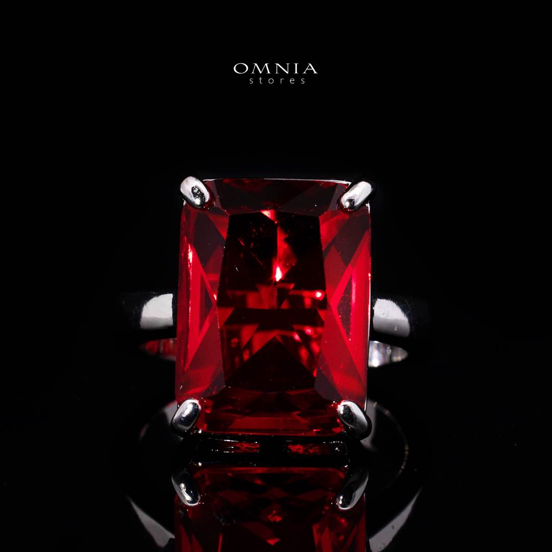 Omnia Audrey Red Bridal Full Set in High Quality Simulated Diamonds with Cushion Cut Stones, Rhodium Plated