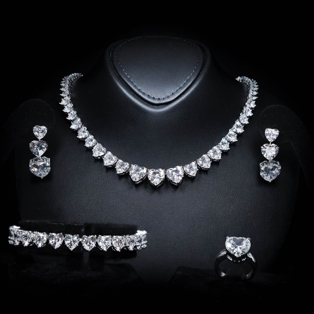 Omnia Donatella White Bridal Full Set with Heart-Cut High-Quality Simulated Diamonds Rhodium Plated