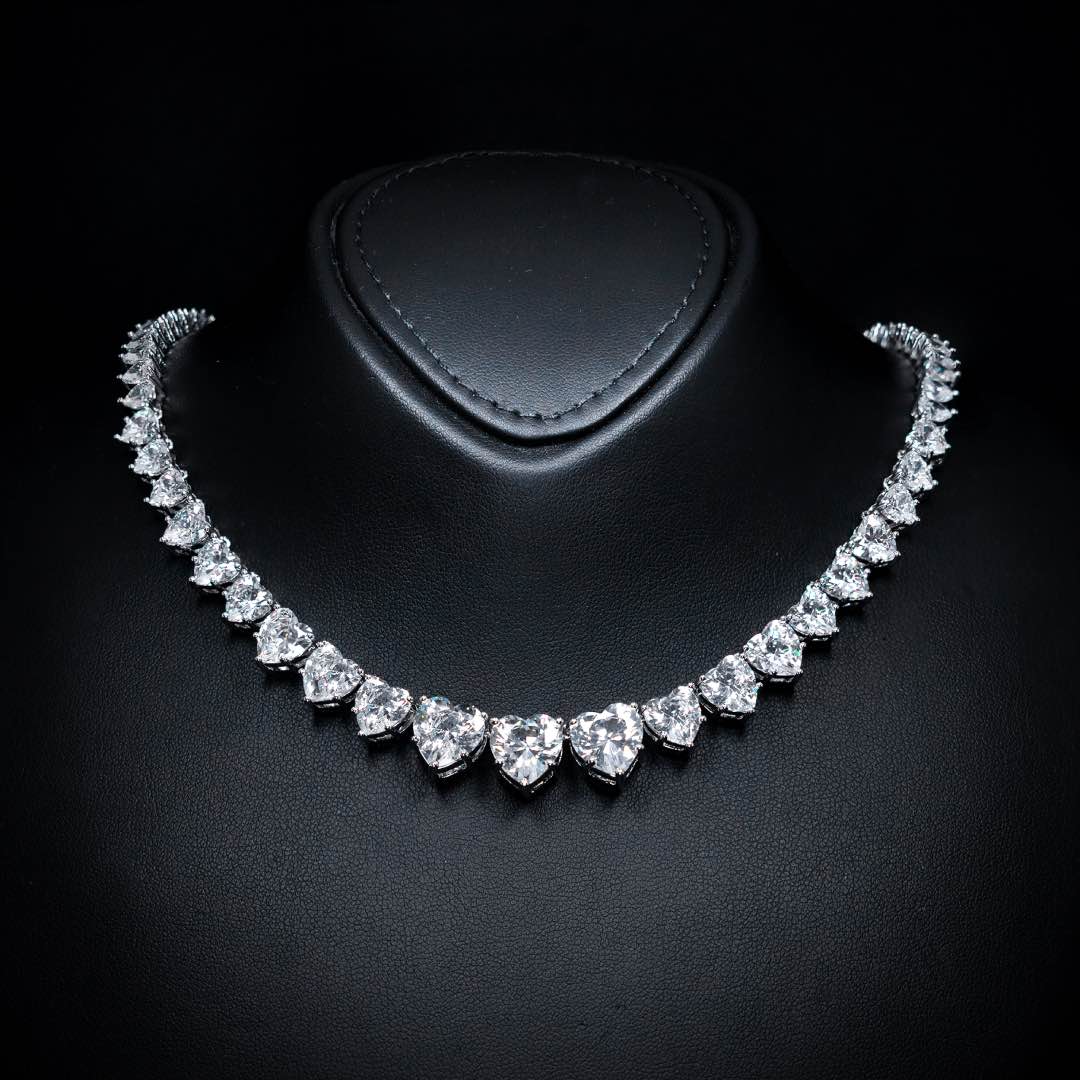 Omnia Donatella White Bridal Full Set with Heart-Cut High-Quality Simulated Diamonds Rhodium Plated