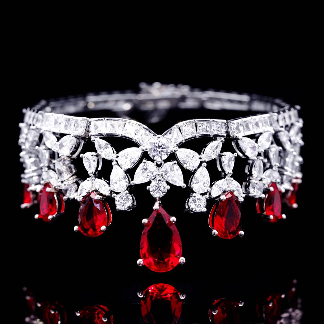 Omnia Princess Bridal Full Set with Pear-Cut White and Red High Quality Simulated Diamonds Premium Rhodium Plated - OMNIASTORES UAE