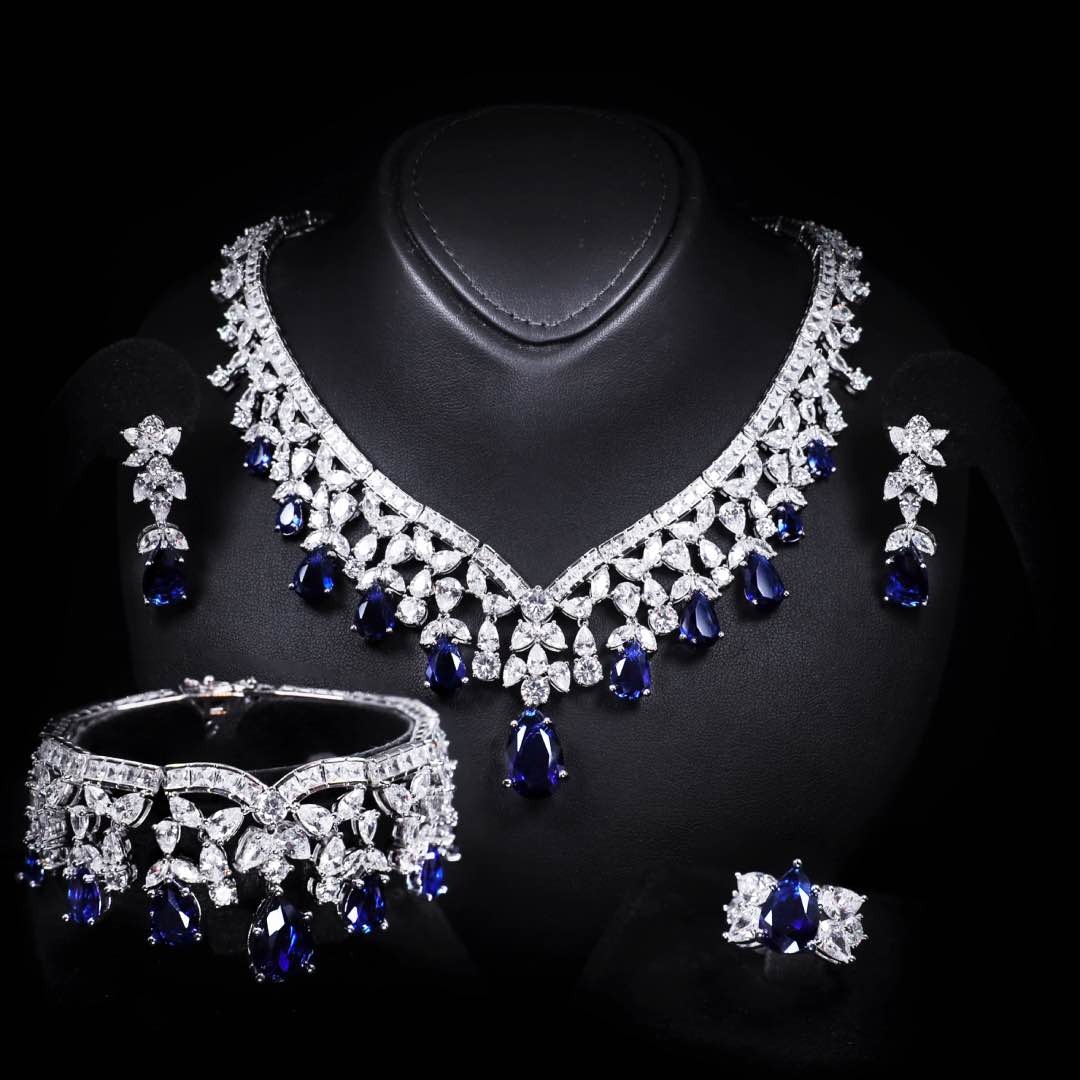 Omnia Princess Dark Blue Bridal Full Set in High Quality Simulated Diamonds Premium Rhodium Plated