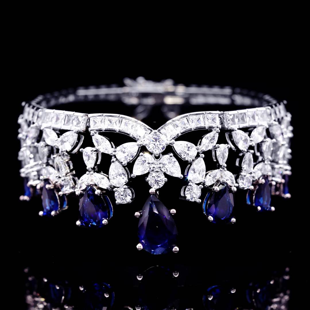Omnia Princess Dark Blue Bridal Full Set in High Quality Simulated Diamonds Premium Rhodium Plated - OMNIASTORES UAE