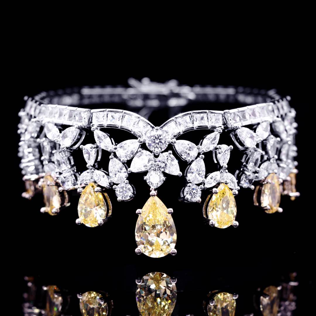 Omnia Princess Bridal Full Set with Pear-Cut White and Yellow High Quality Simulated Diamonds Premium Rhodium Plated
