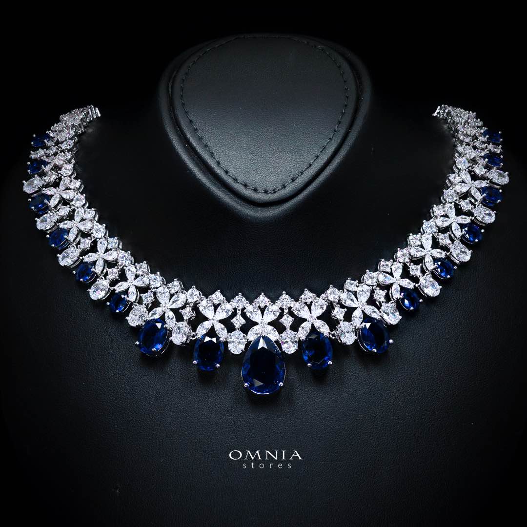 Omnia Suhana Dark Blue Bridal Full Set in High Quality Simulated Diamonds Premium Rhodium Plated