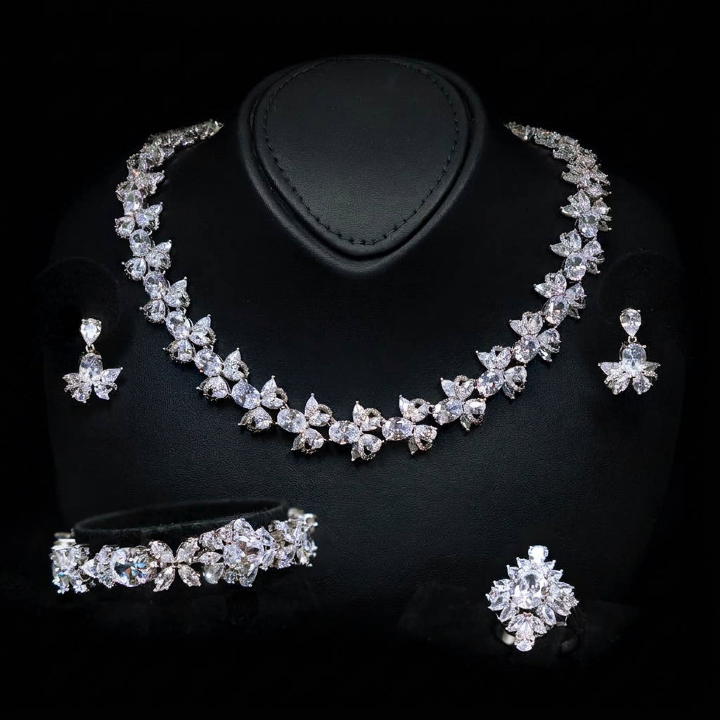 Omnia Muna White Bridal Full Set in High Quality Simulated Diamonds Premium Rhodium Plated - OMNIASTORES UAE