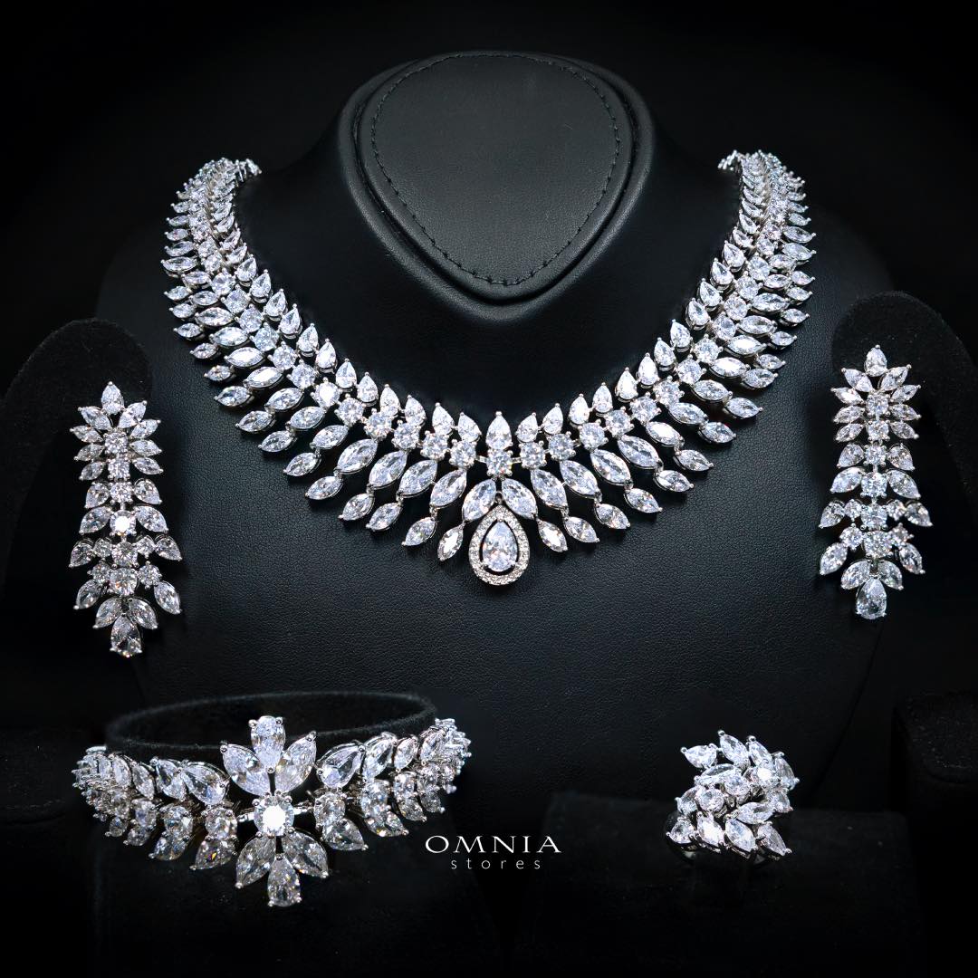 Omnia Zakiyah Luxury Bridal Full Set in High Quality Simulated Diamonds with Pear and Marquise Cut Stones, Rhodium Plated