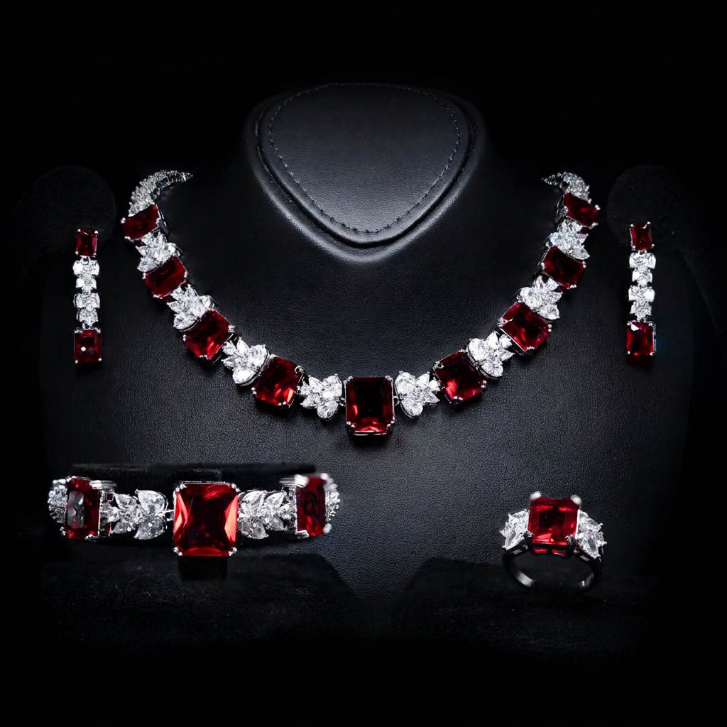 Omnia Amelia Red Bridal Full Set in High Quality Simulated Diamonds Premium Rhodium Plated - OMNIASTORES UAE