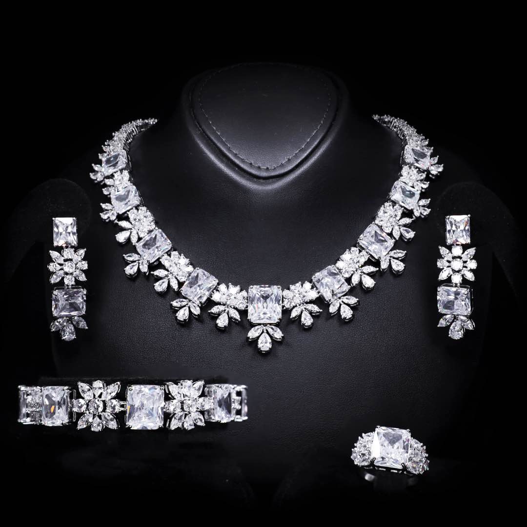 Omnia Charlotte Pure White Bridal Full Set with Emerald and Pear-Cut High Quality Simulated Diamonds Premium Rhodium Plated