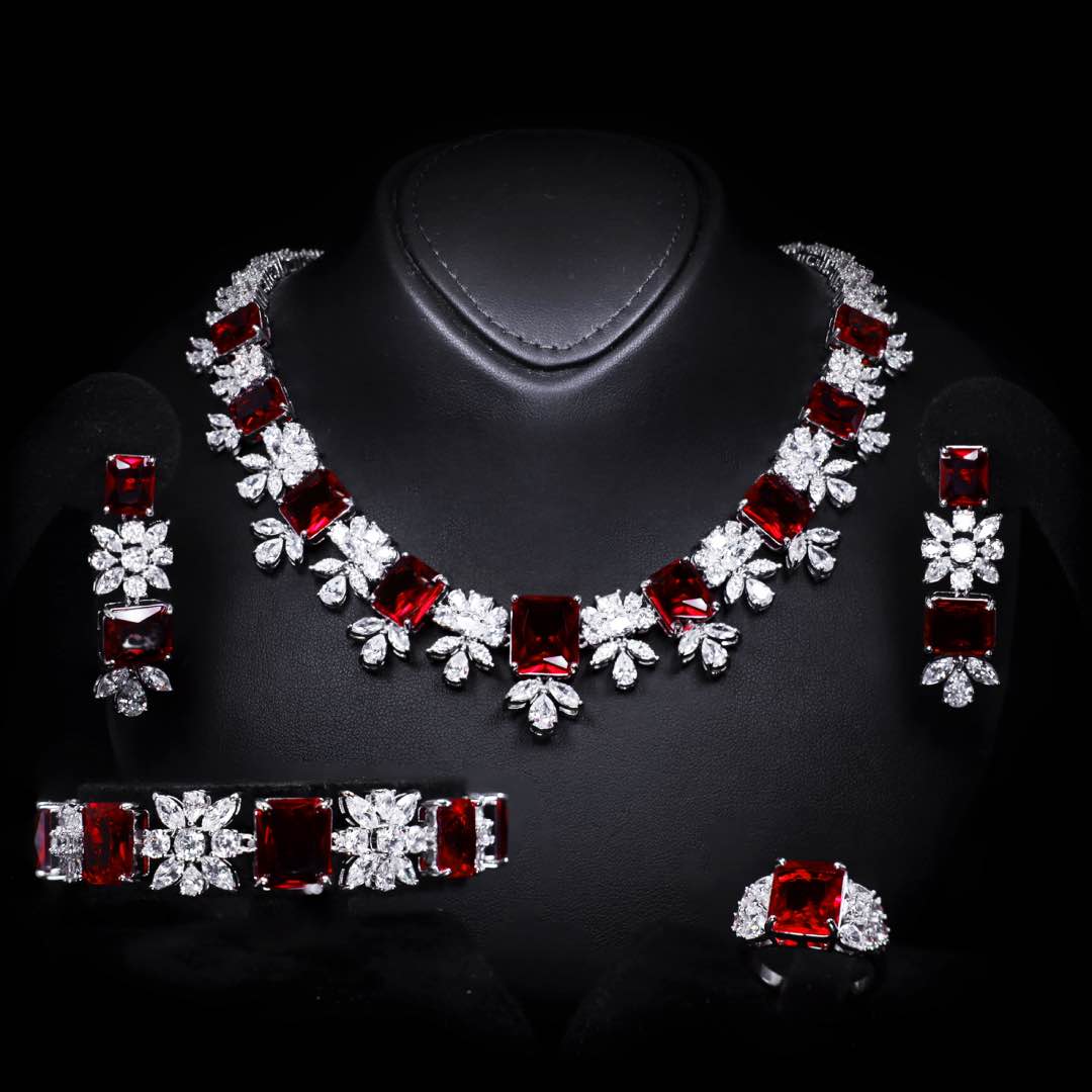 Omnia Charlotte Red Luxry Bridal Full Set with Emerald and Pear-Cut High Quality Simulated Diamonds Premium Rhodium Plated