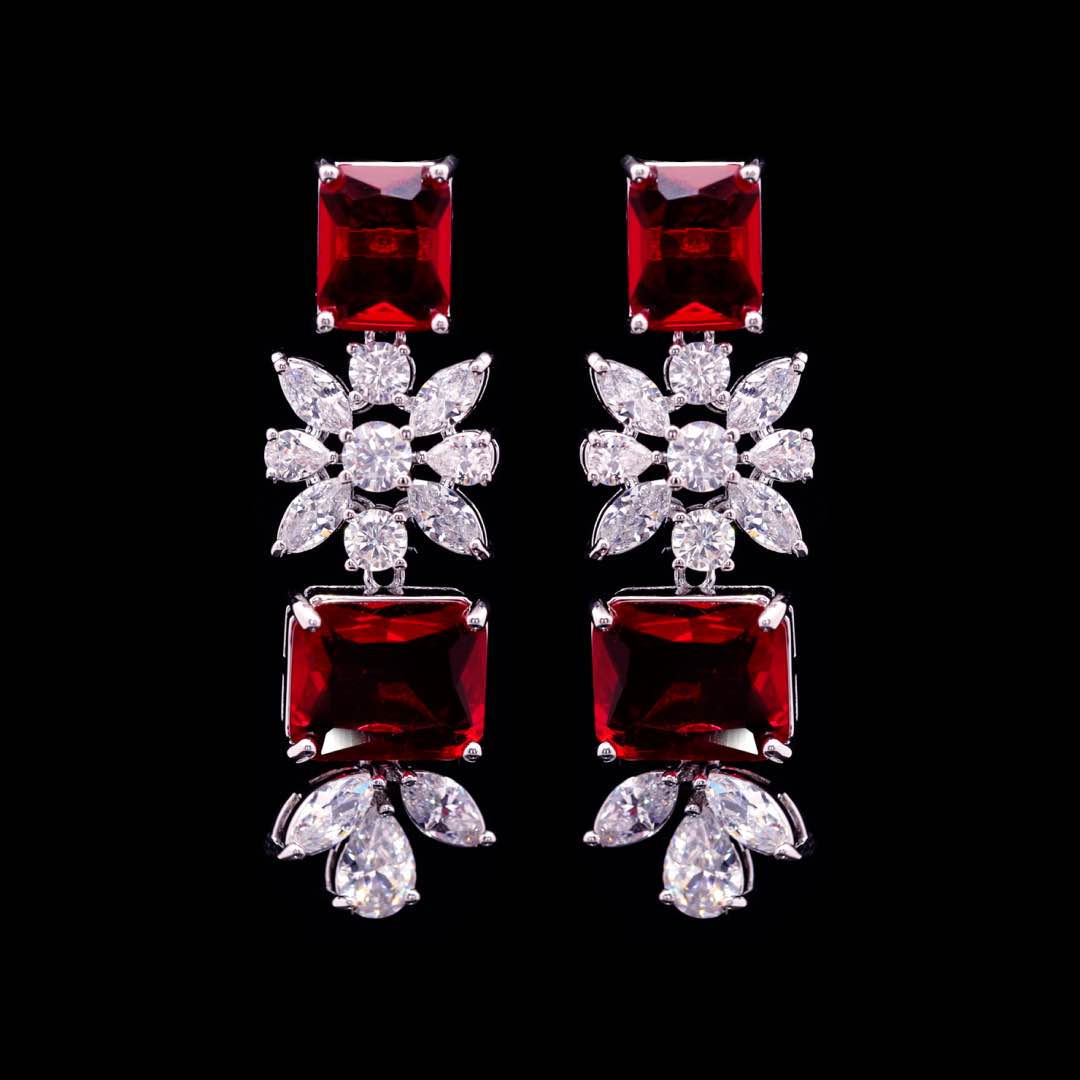 Omnia Charlotte Red Luxry Bridal Full Set with Emerald and Pear-Cut High Quality Simulated Diamonds Premium Rhodium Plated