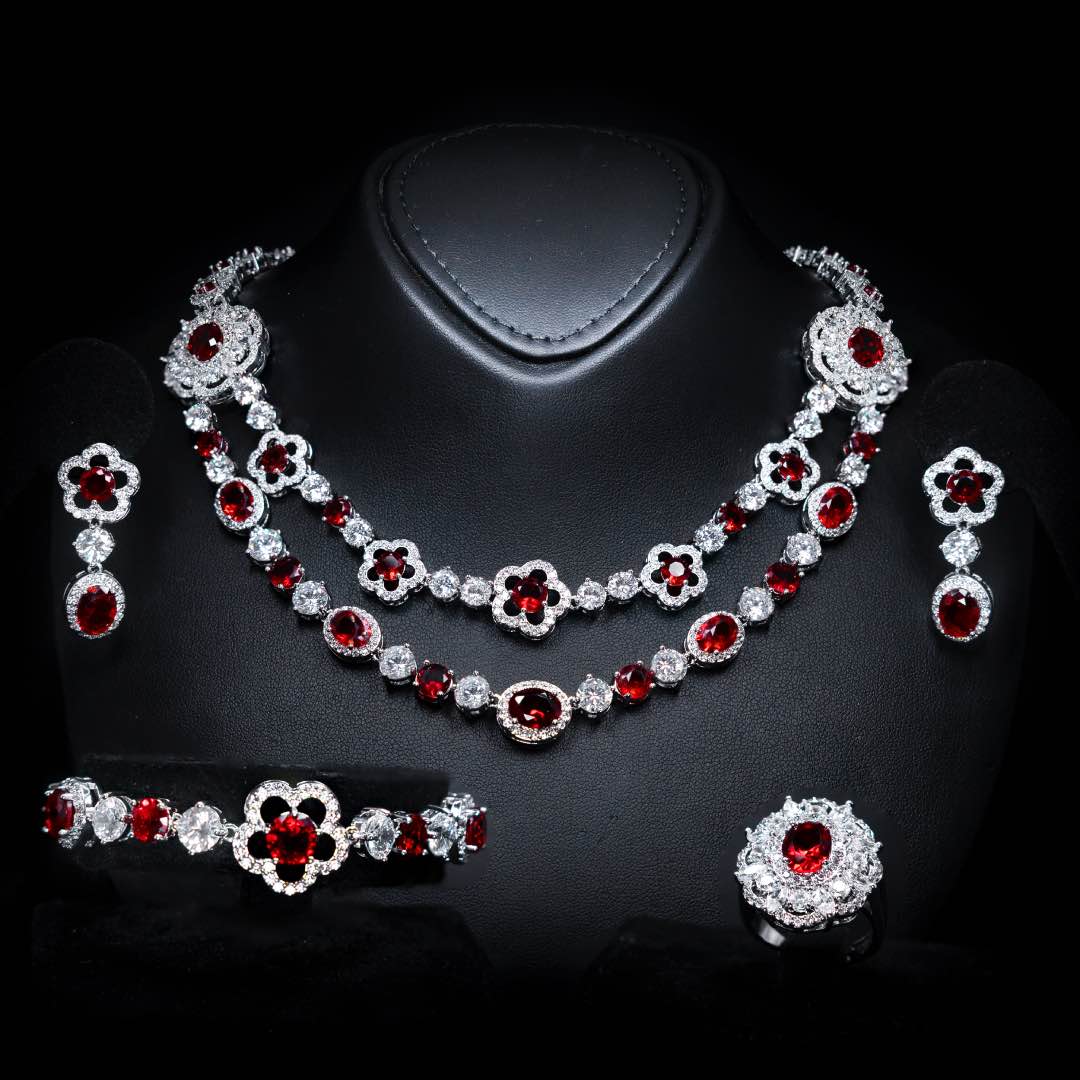 Omnia Esra Red Full Set in High Quality Simulated Diamond Rhodium Plated