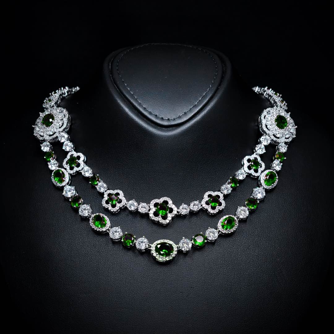 Omnia Esra Green Luxury Bridal Full Set in High QualitySimulated Diamond Rhodium Plated