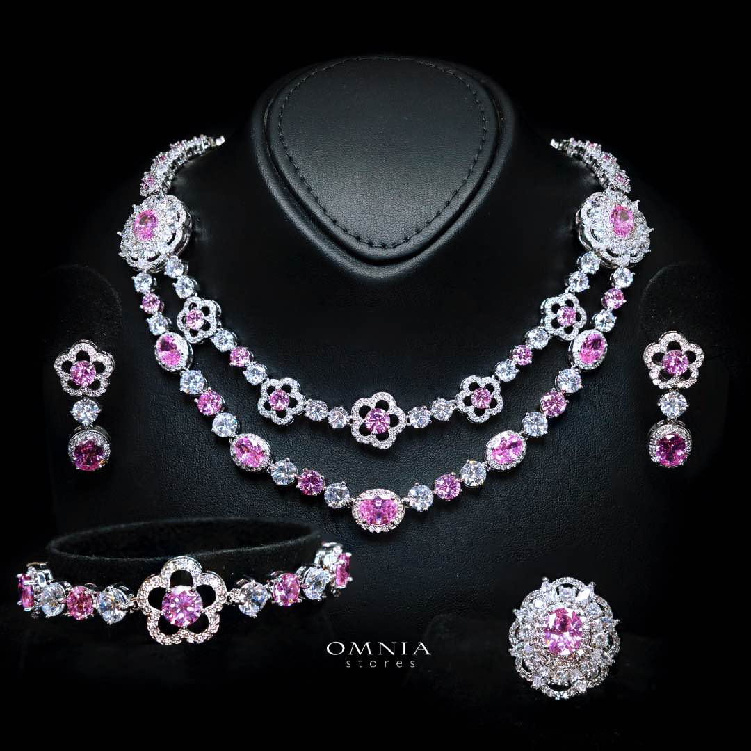 Omnia Esra Pink Luxury Bridal Full Set in High Quality Simulated Diamond Rhodium Plated