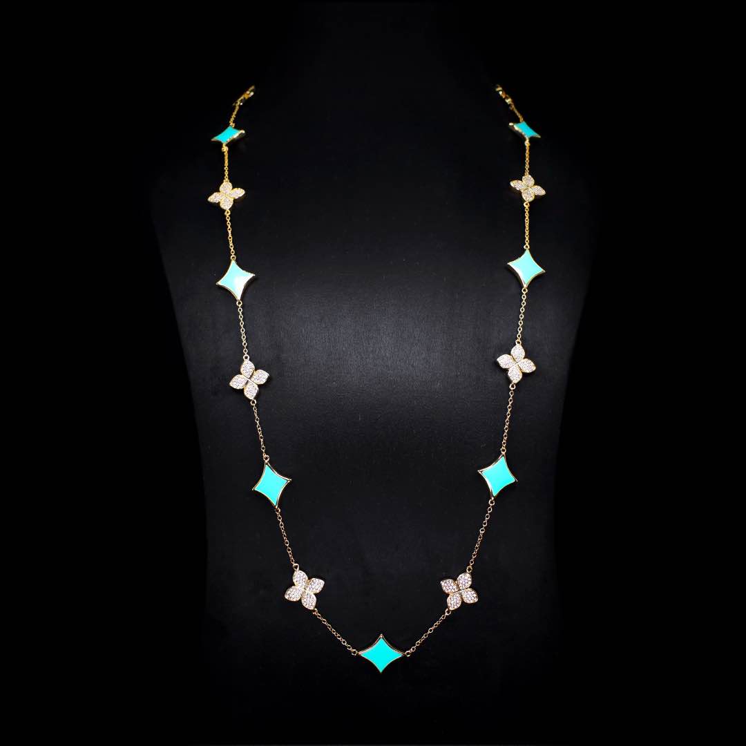 Omnia Golden Clove Turqoise Long Chain Full Set with High-Quality Simulated Diamonds 18k Gold Plated 100cm