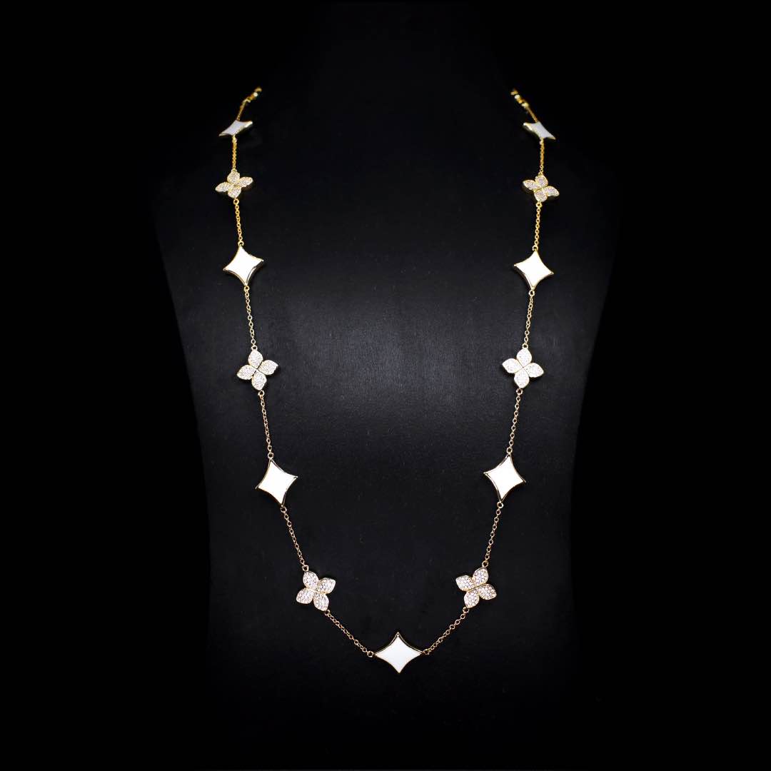 Omnia Golden Clove White Long Chain Full Set with High-Quality Simulated Diamonds 18k Gold Plated 100cm