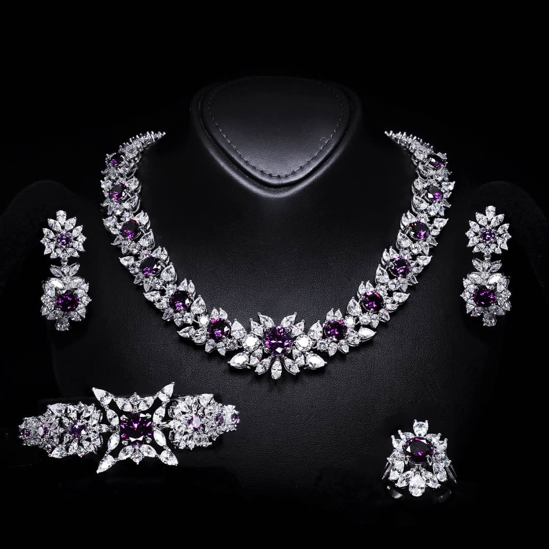 Omnia Nareen Purple Luxury Bridal Full Set in High Quality Simulated Diamonds Premium Rhodium Plated
