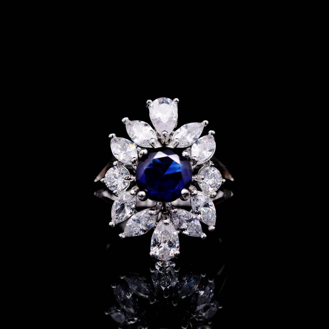Omnia Nareen Blue Luxury Bridal Full Set in High Quality Simulated Diamonds Premium Rhodium Plated