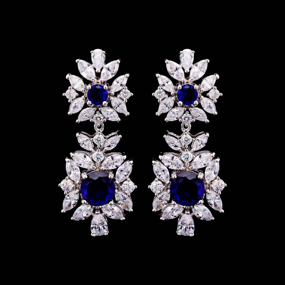 Omnia Nareen Blue Luxury Bridal Full Set in High Quality Simulated Diamonds Premium Rhodium Plated