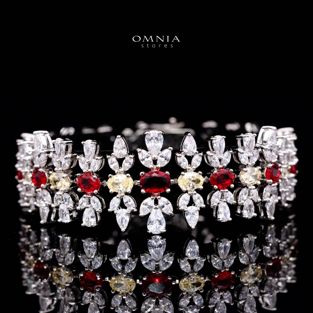 Omnia Dema Red and Yellow Bridal Full Set in High Quality Zircon Stone Rhodium Plated