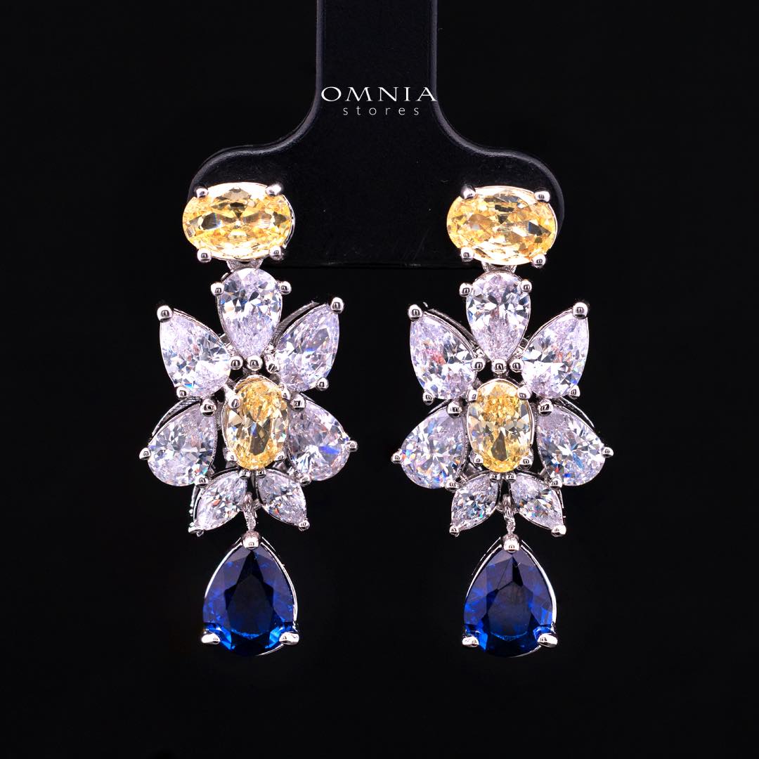 Omnia Dema Blue and Yellow Bridal Full Set in High Quality Zircon Stone Rhodium Plated