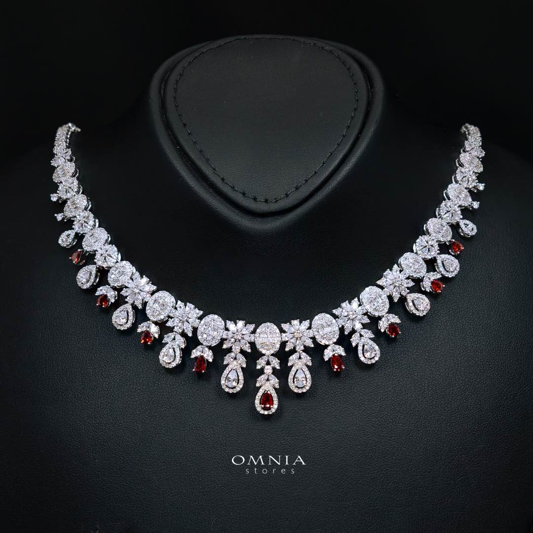 Omnia Trisha Red Full set Accessories in High Quality Zircon Stone in Rhodium Plated