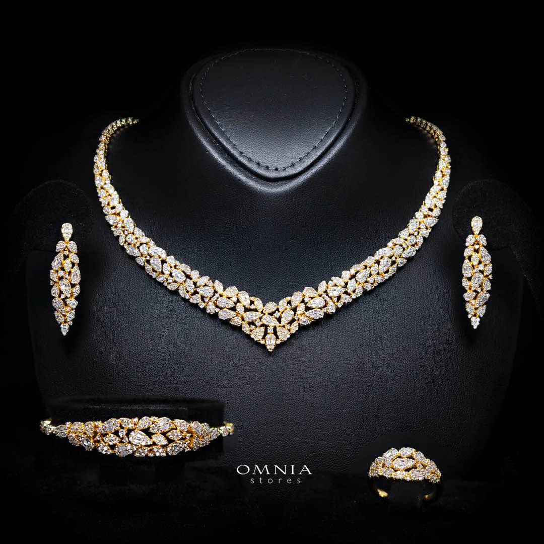 Alina Gold Bridal Full Set in High Quality Zircon Stone Rhodium Plated(15 size only available in ksa )