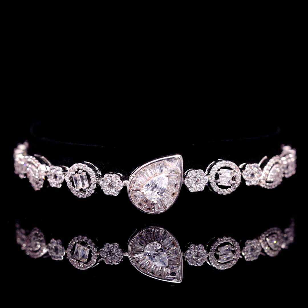 Omnia Ahad Bridal White Long Chain Set In Rhodium Plated With High Quality Zircon Stones
