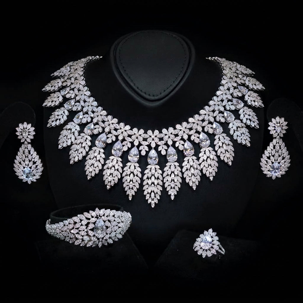 Omnia Asrar White Bridal Full Set in High Quality Zircon Stone Premium Rhodium Plated(16cm only available in KSA) - OMNIASTORES UAE