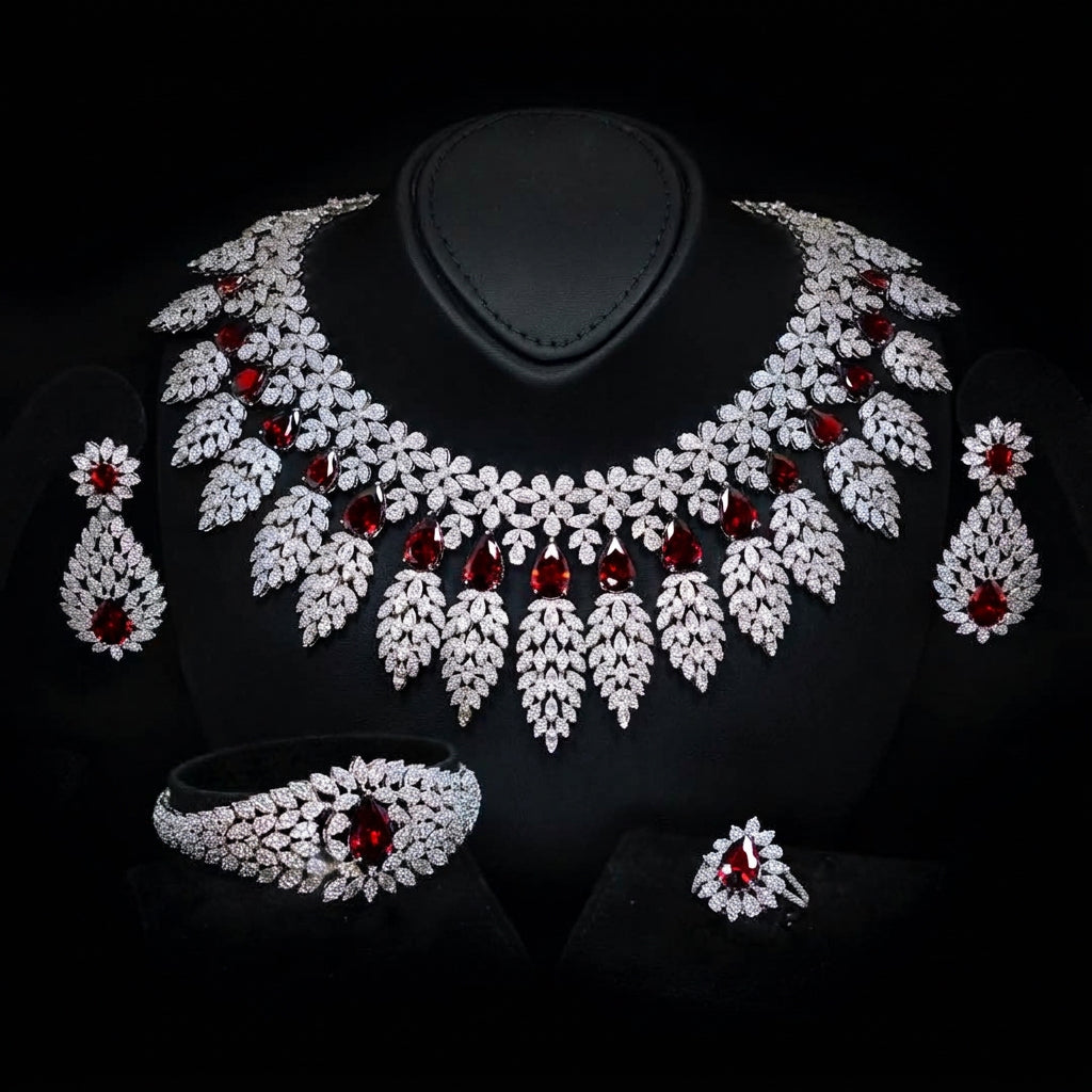 Omnia Asrar Red Bridal Full Set in High Quality Zircon Stone Premium Rhodium Plated - OMNIASTORES UAE
