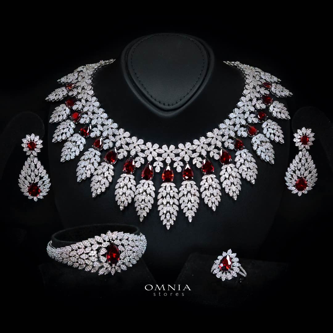 Omnia Asrar Red Bridal Full Set in High Quality Zircon Stone Rhodium Plated