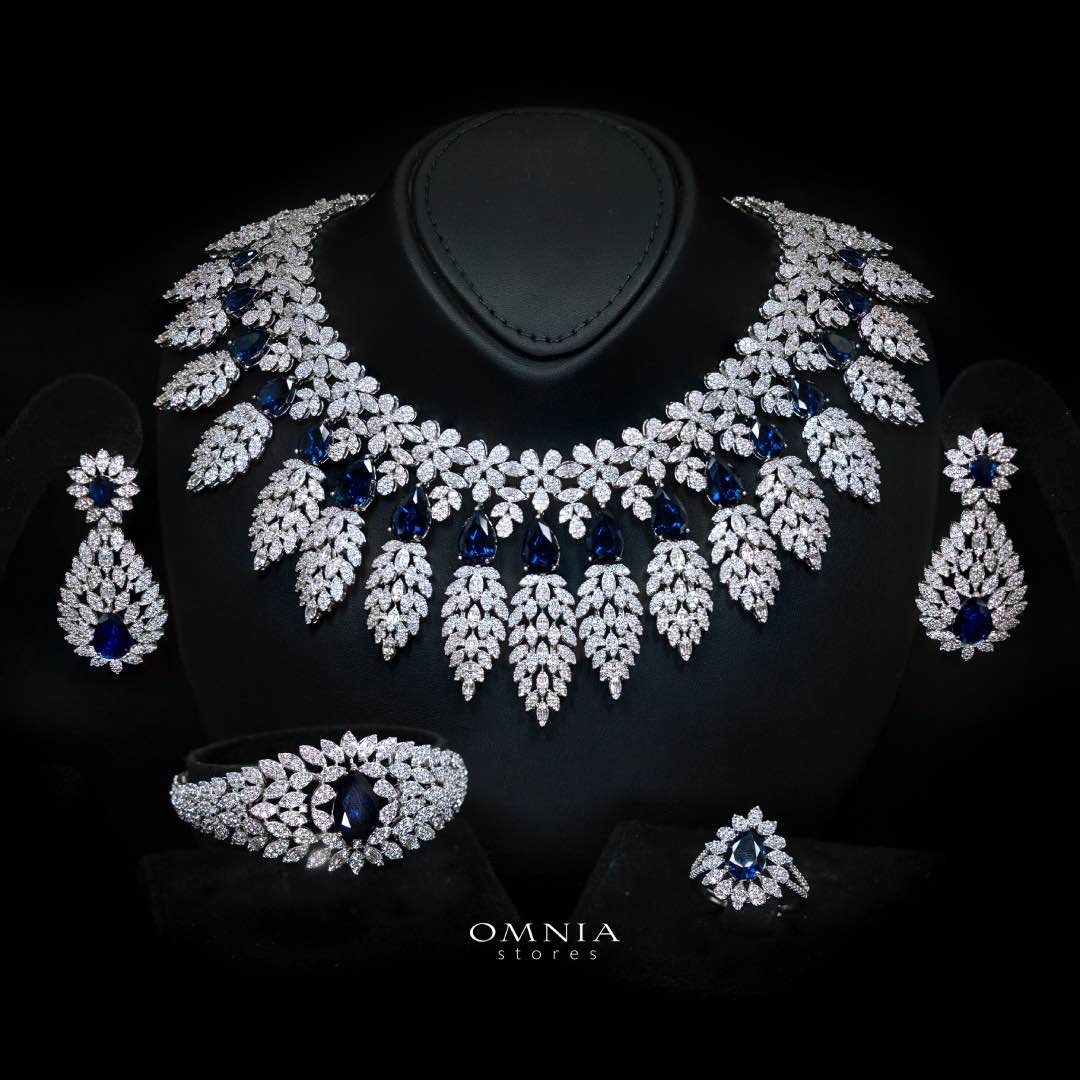 Omnia Asrar Blue Bridal Full Set in High Quality Zircon Stone Rhodium Plated