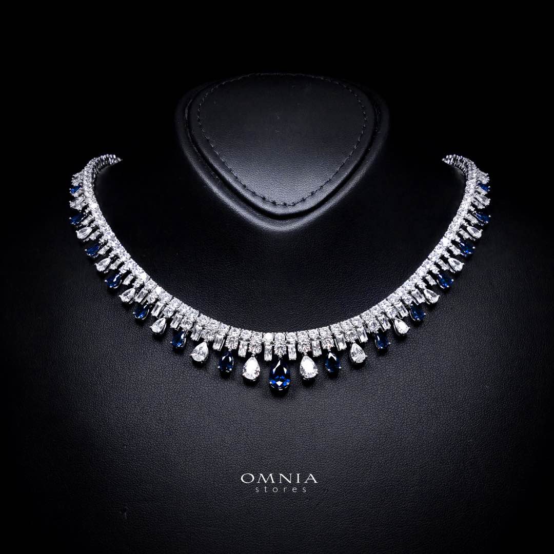 Omnia Nisrine Blue Bridal Full Set in High Quality Zircon Stone in Rhodium Plated