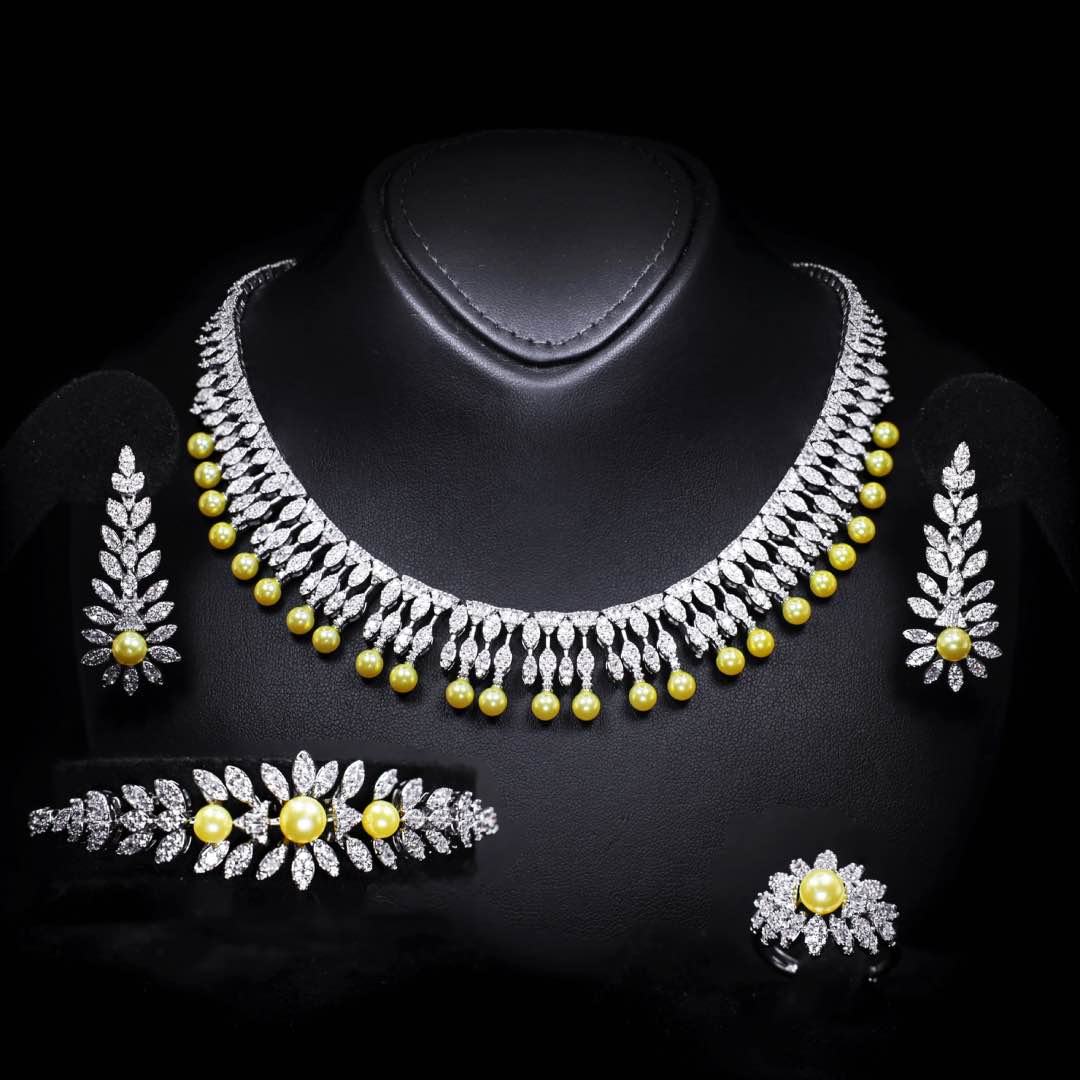 Omnia Shaika White in Golden Pearl Luxury Bridal Full Set in High Quality Zircon Stone Premium Rhodium Plated
