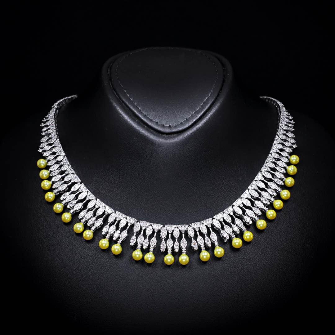 Omnia Shaika White in Golden Pearl Luxury Bridal Full Set in High Quality Zircon Stone Premium Rhodium Plated