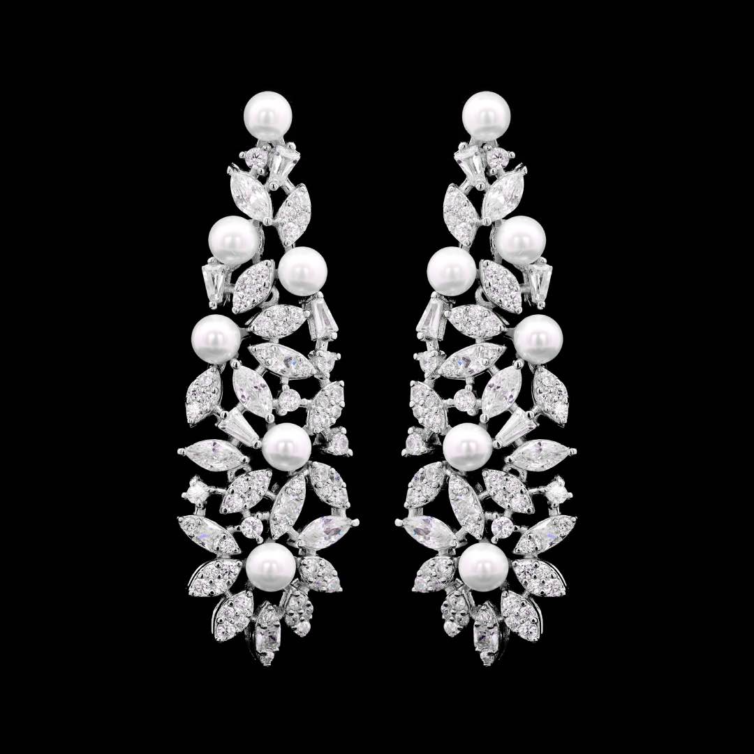 Omnia Fadwa Luxury Bridal Set – Pearl & Zircon Statement Jewelry Rhodium Plated