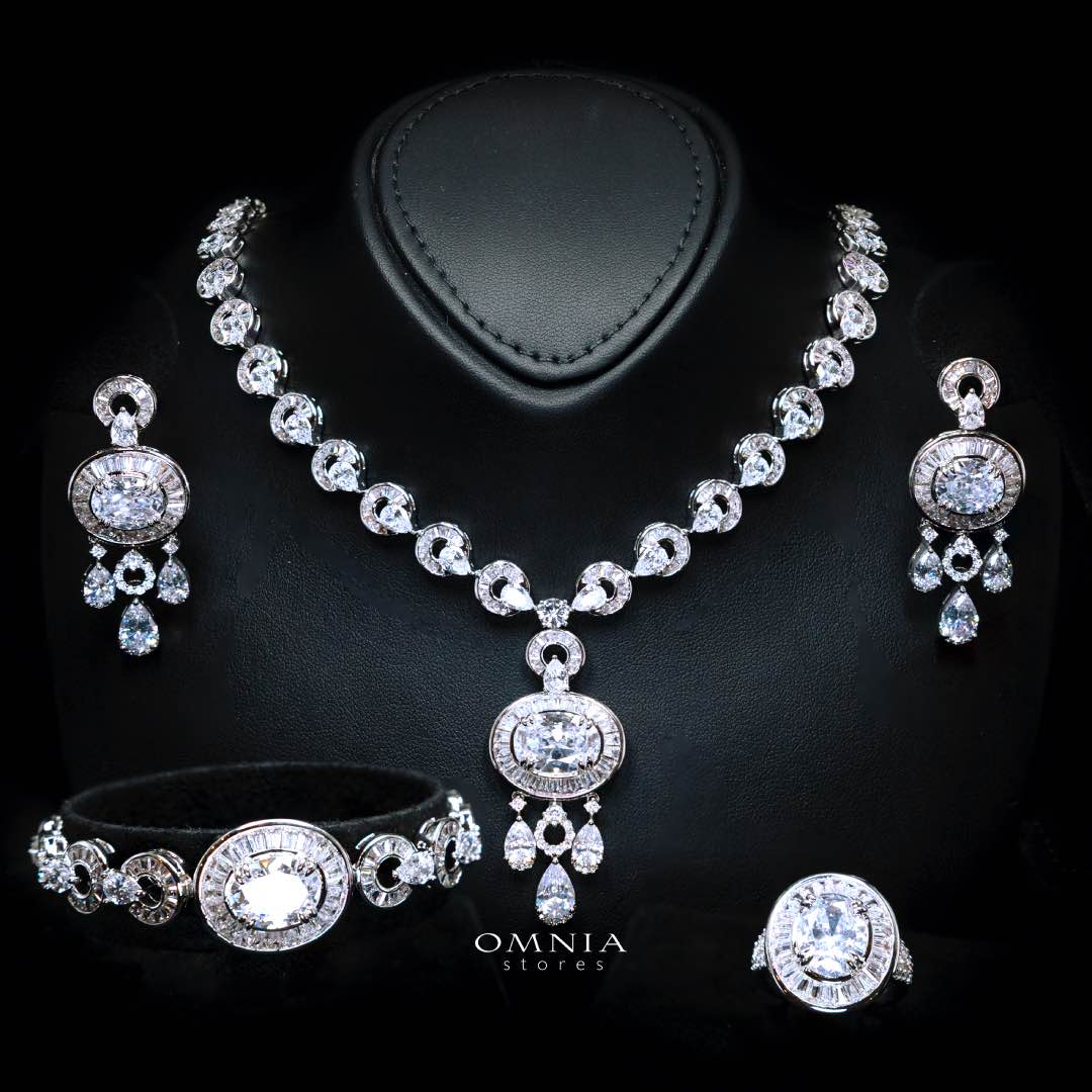 Omnia Hayah White Bridal Full Set in High Quality Zircon Stone in Rhodium Plated