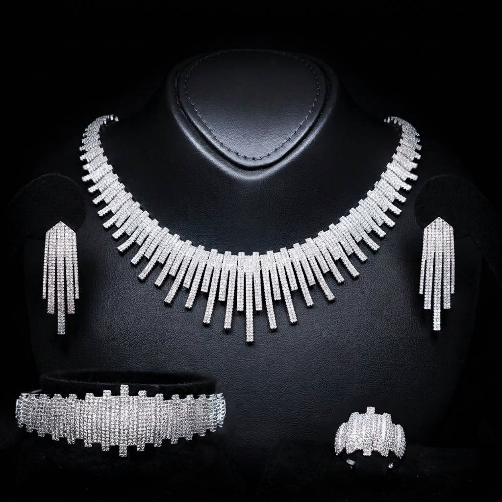 Omnia Ashley White Luxury Bridal Full Set Accessories   High Quality Zircon Stone Premium Rhodium Plated - OMNIASTORES UAE