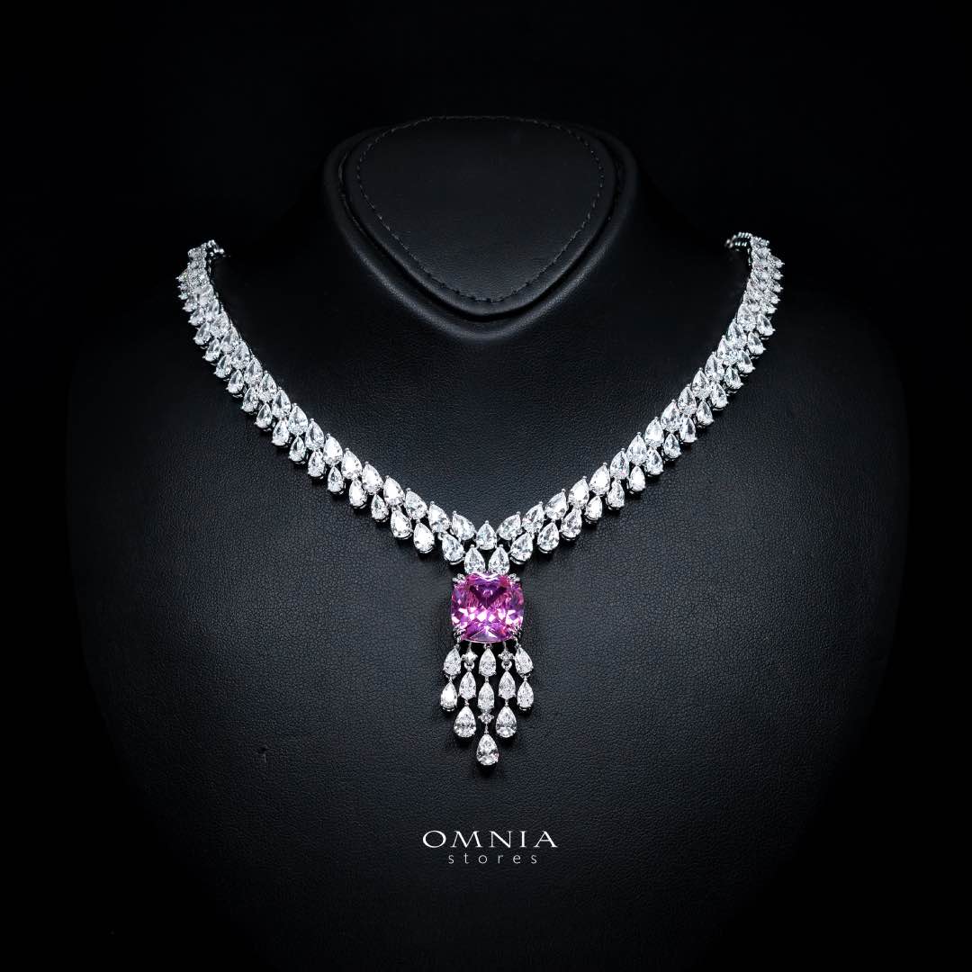 Nazaha Bridal Full Set in Rhodium Plated with High Quality White and Pink Zircon Stones