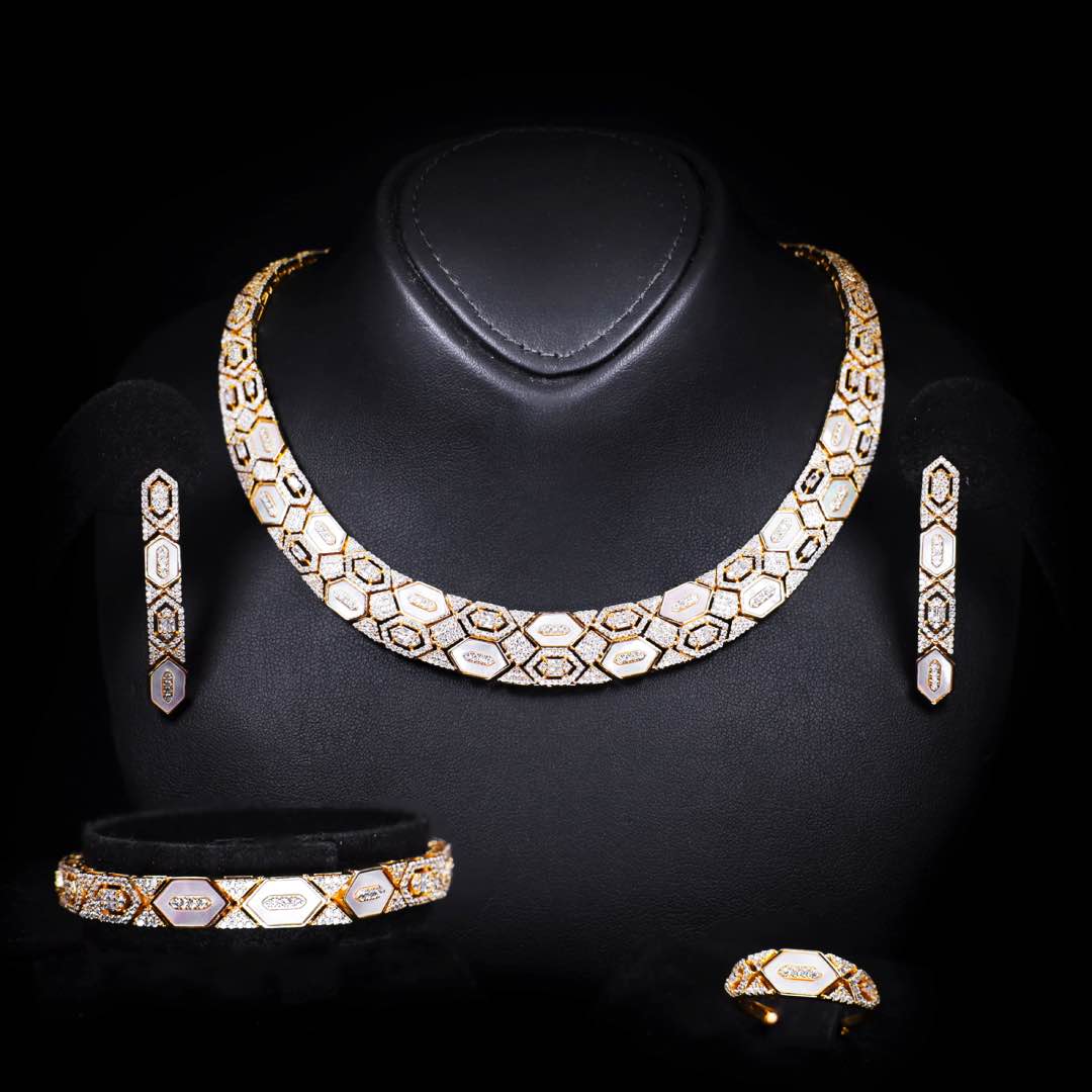 Raya Gold Luxury Bridal Full Set Accessories in High Quality Zircon Stone in Rhodium Plated