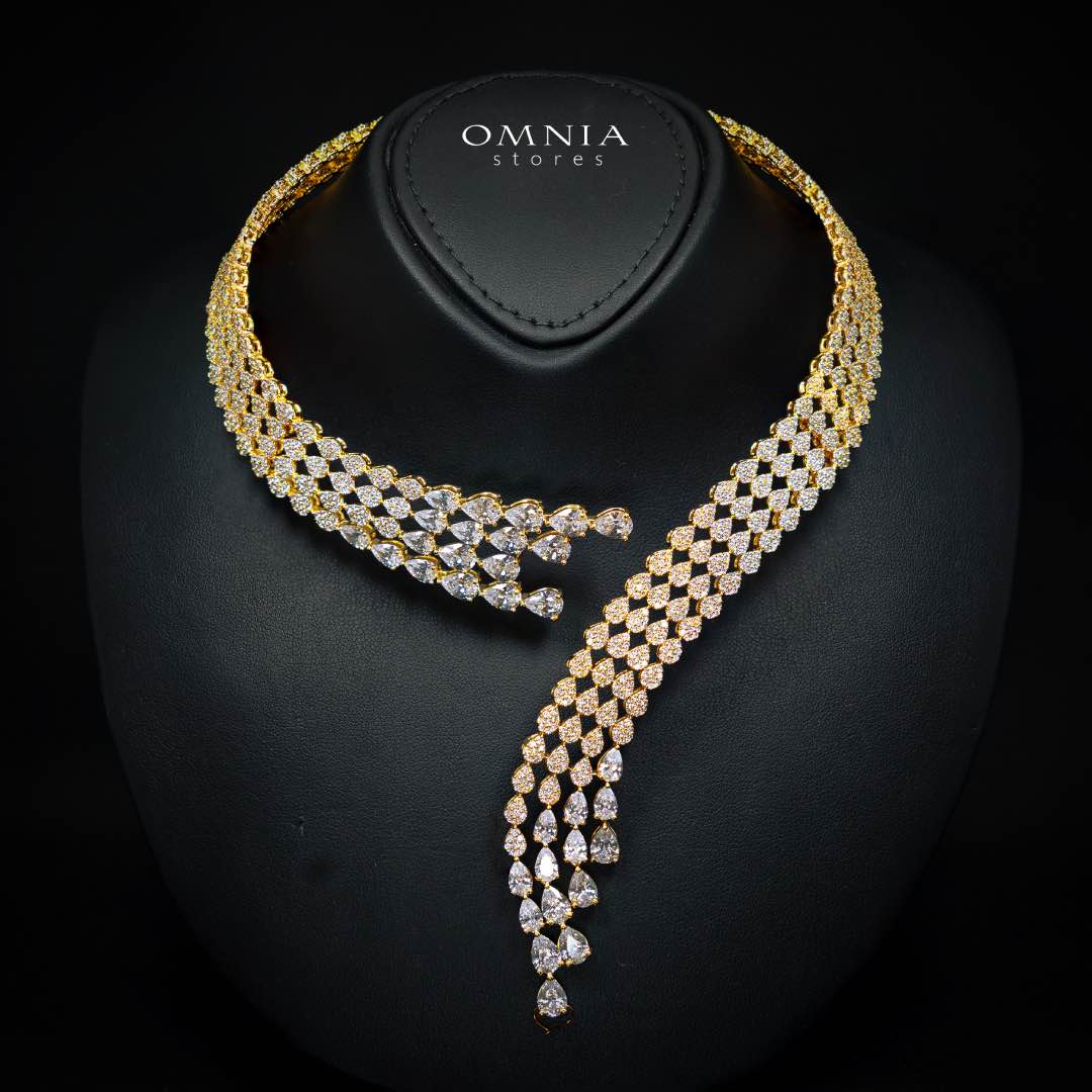 Omnia Amrah Luxury Bridal White and Gold Full Set in High Quality Zircon Stone Rhodium Plated