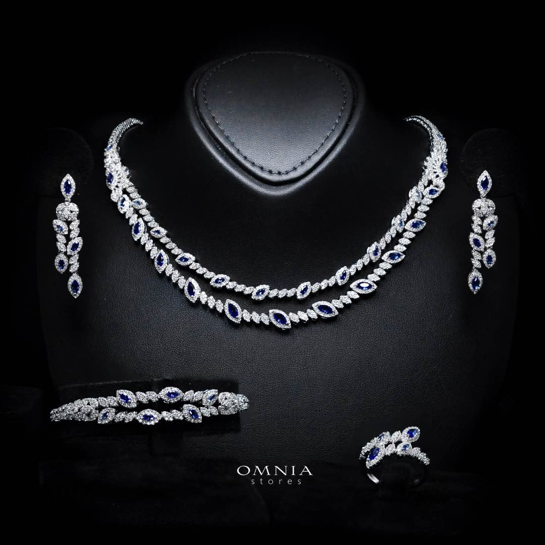Omnia Nada Blue Bridal Full Set in High Quality Zircon Stone Rhodium Plated